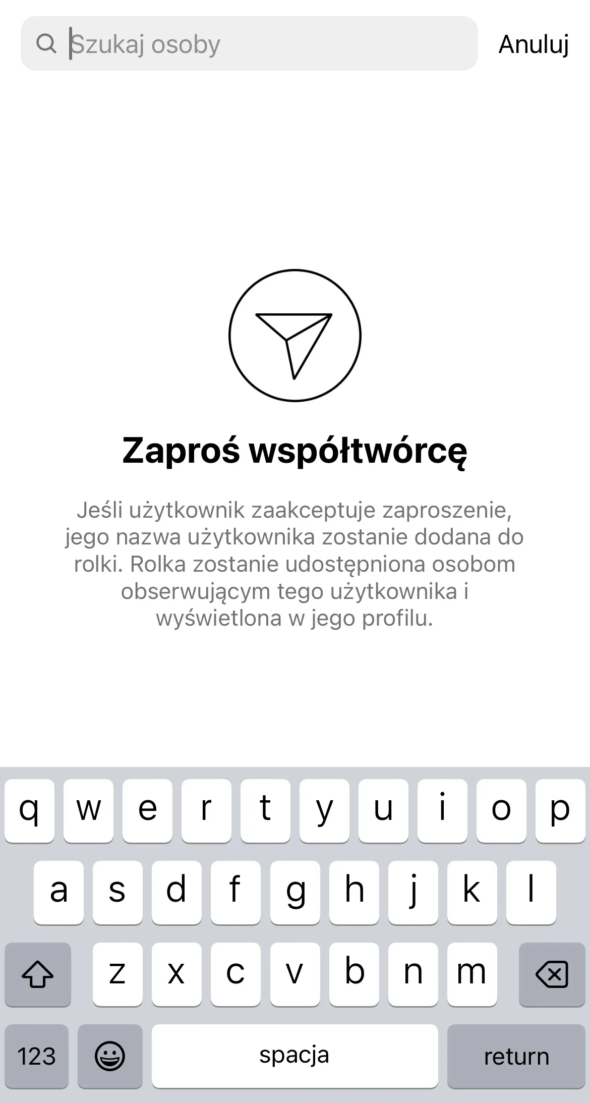 Ekran Zaproś współtwórcę na Instagramie z polem Szukaj osoby
