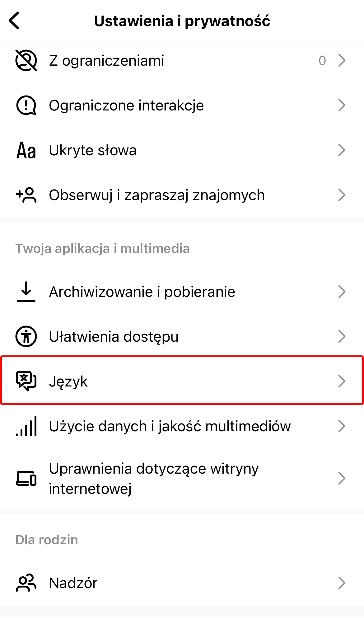Ustawienia i prywatność na Instagramie z zaznaczoną pozycją Język