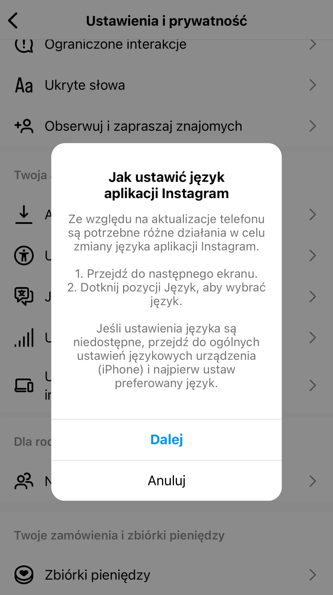 Okno „Jak ustawić język aplikacji Instagram” z przyciskiem Dalej