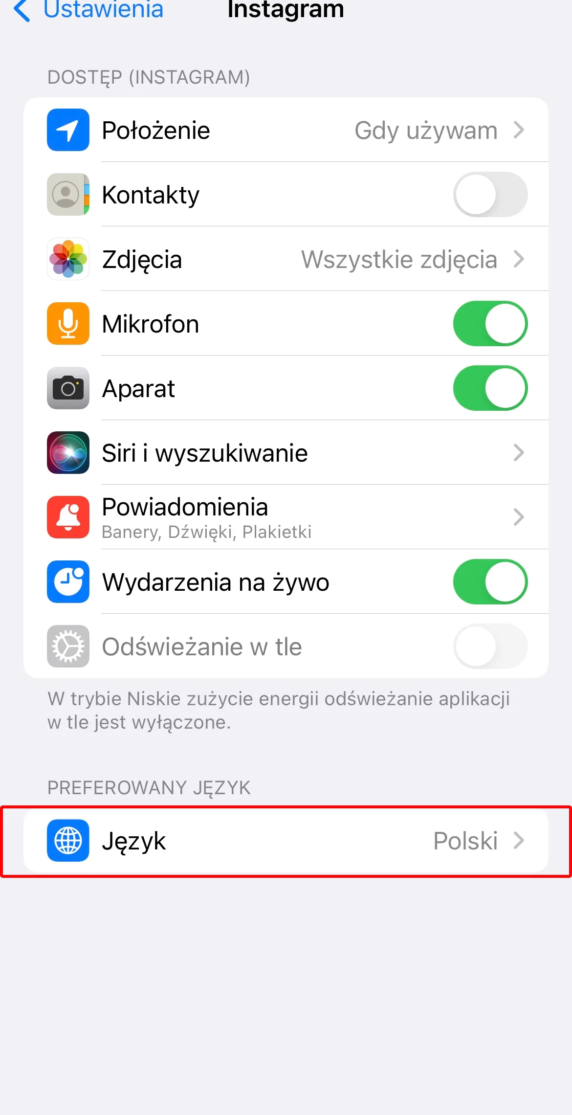 Ustawienia telefonu dla aplikacji Instagram z zaznaczoną pozycją Język