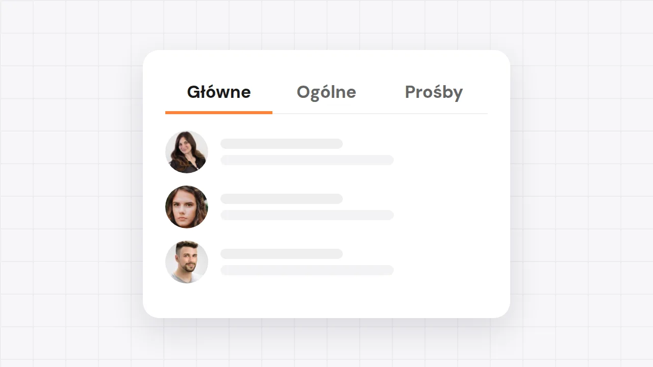 Trzy foldery wiadomości na koncie profesjonalnym: Główne, Ogólne i Prośby