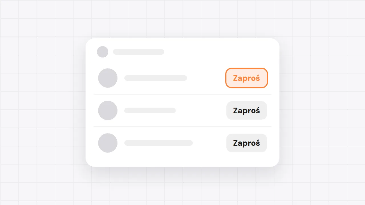 Lista kont z przyciskami Zaproś, jeden przycisk zaznaczony