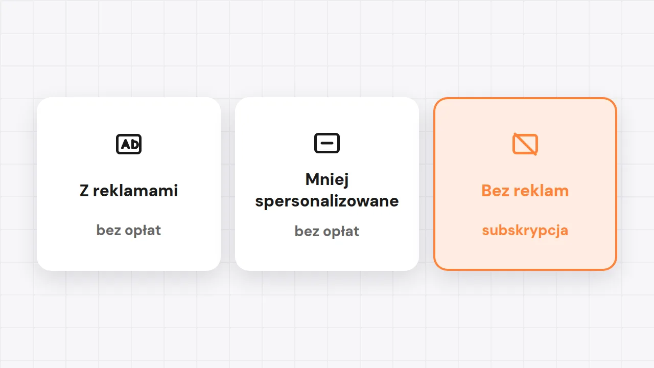 Ilustracja trzech opcji na Instagramie: z reklamami, mniej spersonalizowane i bez reklam