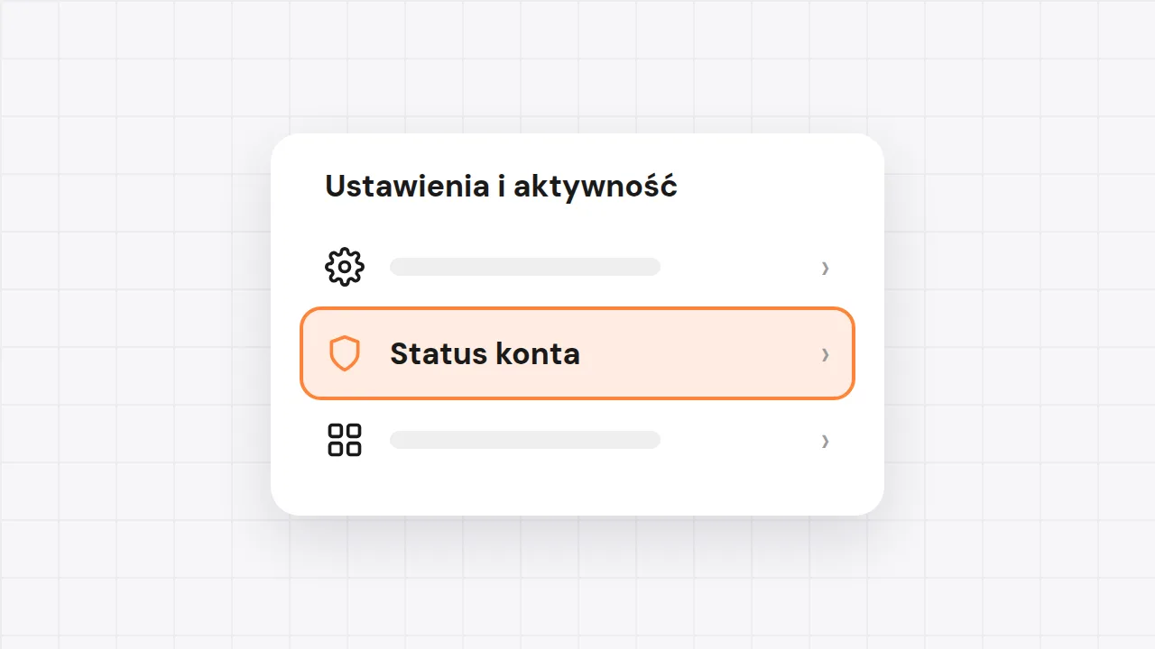 Menu Ustawienia i aktywność z zaznaczoną pozycją Status konta