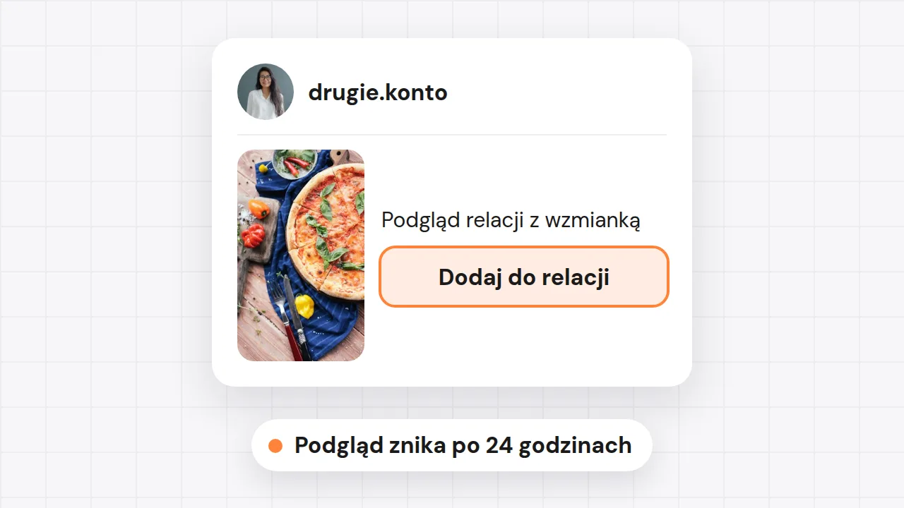 Wiadomość z podglądem relacji z wzmianką i przyciskiem Dodaj do relacji