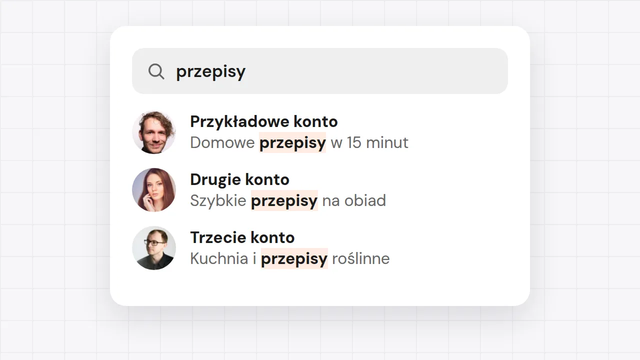 Wyszukiwarka Instagrama z hasłem „przepisy” i kontami, które mają to słowo w bio